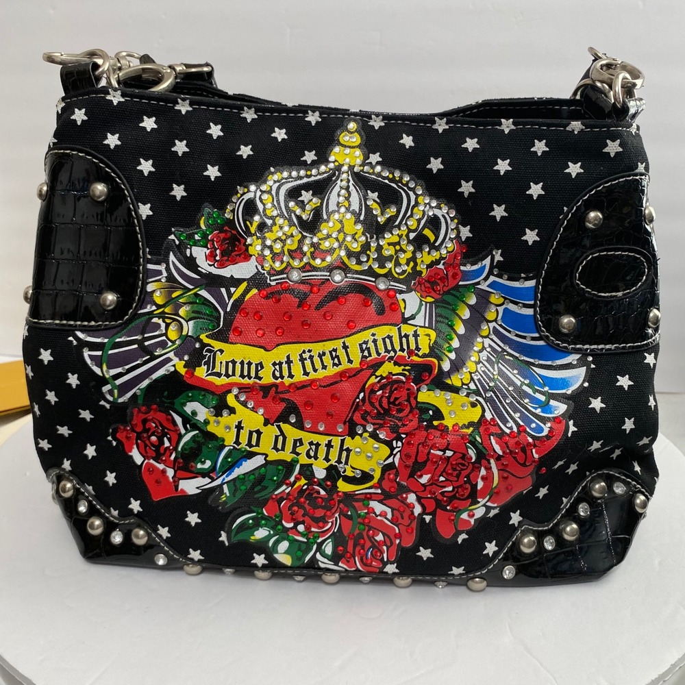 Y2K Tattoo Art Star Print Handbag Black Canvas Studded Crossbody Bag Crown Heart